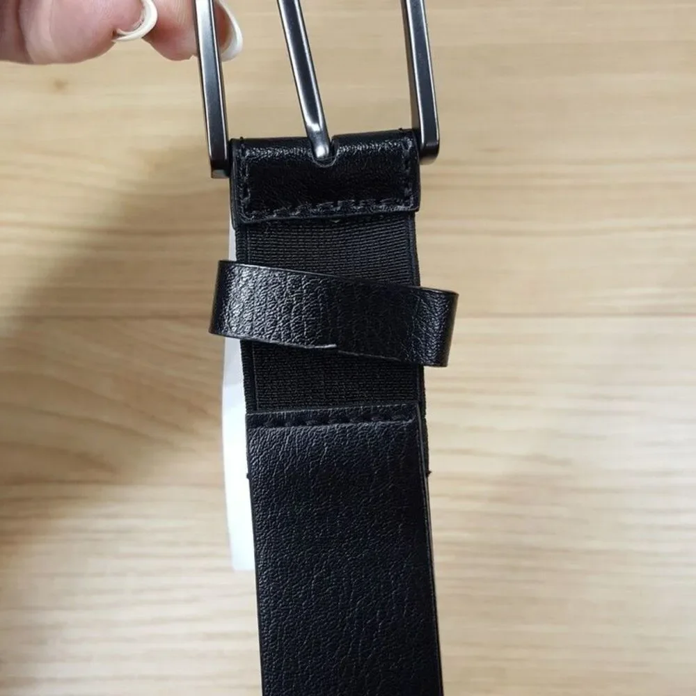 ALFANI Belt Mens Size Large 38 40 Black Faux Leather Stretch Silver Buckle